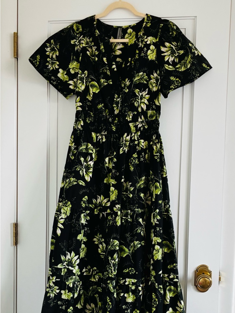 Anthropologie Black Dress with Green Floral Print